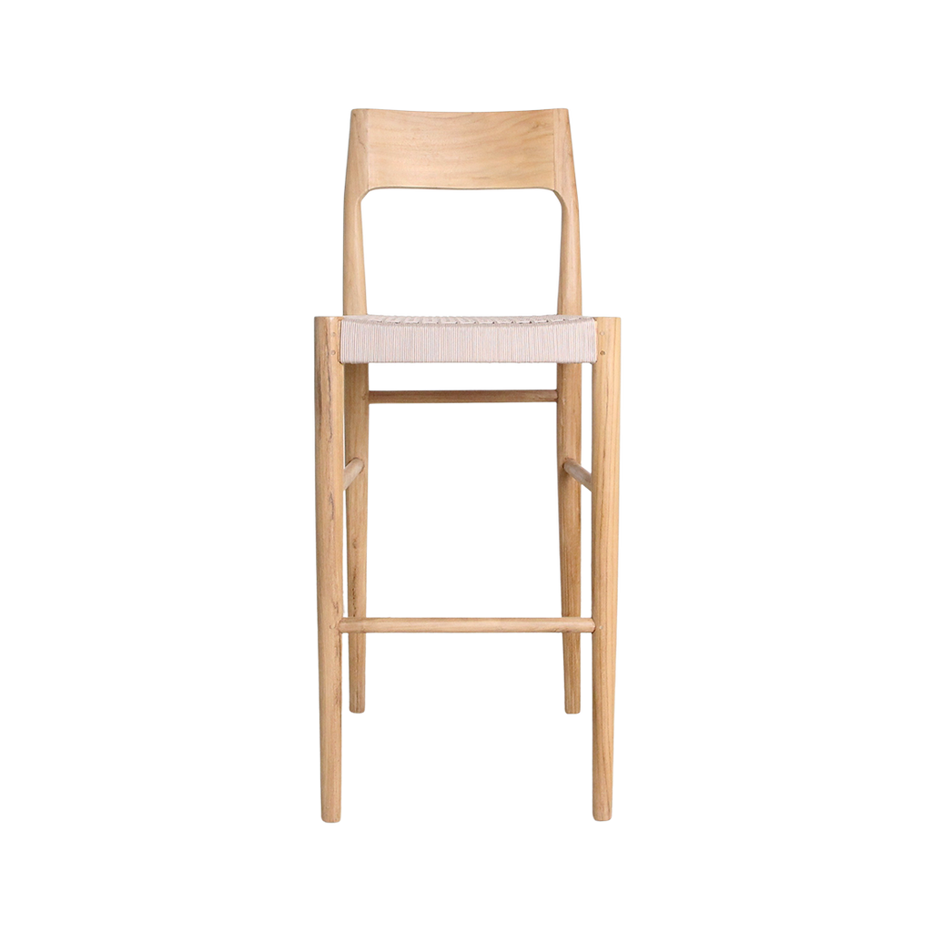 Barhocker aus hellem Teakholz mit Seilsitz in Beige – H109 cm