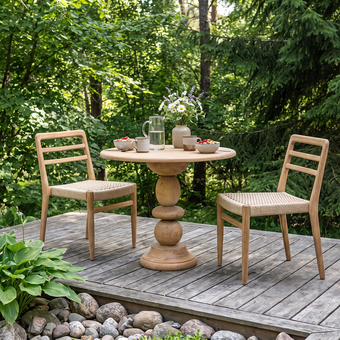 Gartenstuhl aus Teakholz mit Armlehnen und geflochtener Sitzfläche – 2er-Set