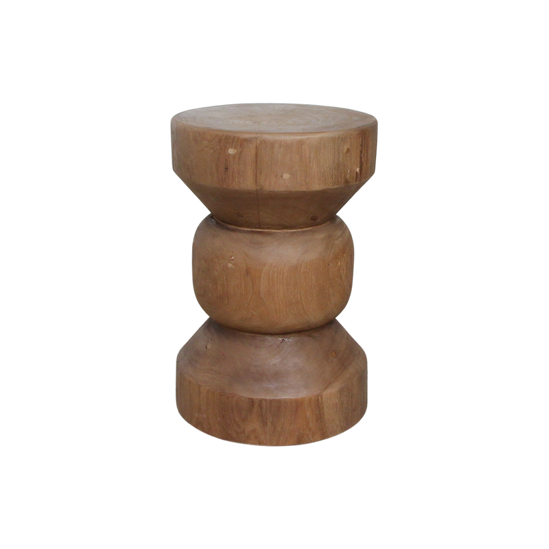 Hocker aus massivem Teakholz in Totemform, Finish Holz natur – H45 cm