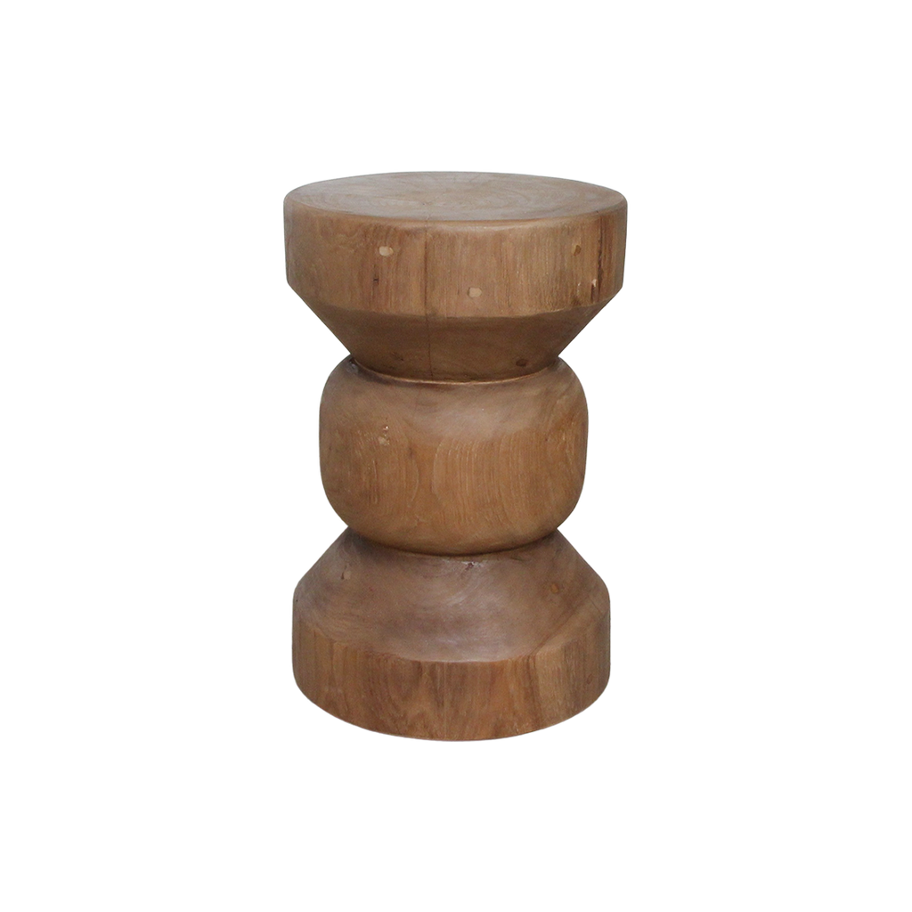 Hocker aus massivem Teakholz in Totemform, Finish Holz natur – H45 cm