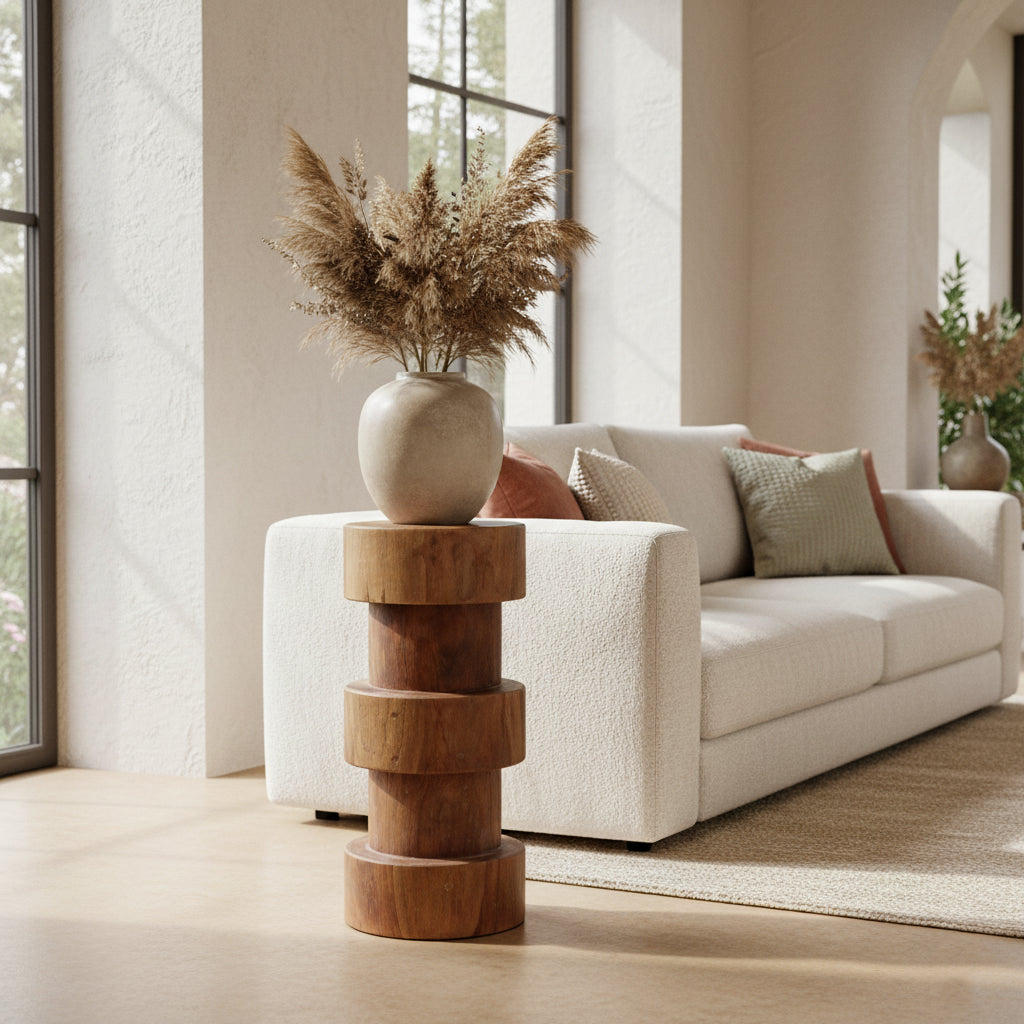 Hocker aus massivem Teakholz Natur in Totemform – H 65 cm