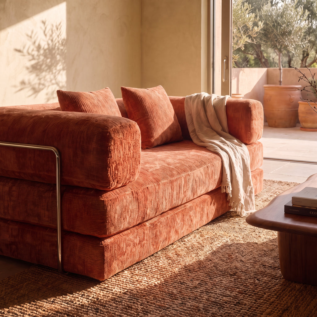 Canapé Compressé Convertible 3 places ATLAS - Tissu Chenille Corail Clair