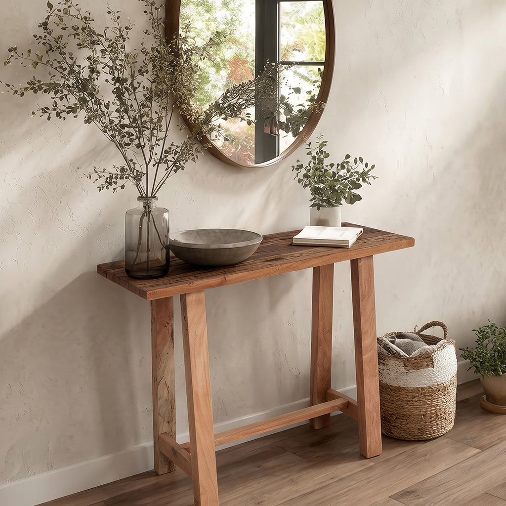 Beistelltisch aus recyceltem Holz in organischer Form, Naturbraun – 85x43 cm