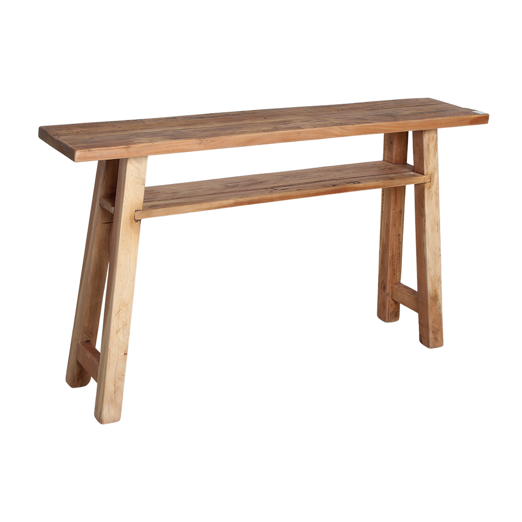 Konsolentisch aus hellem Recyclingholz mit Ablage – 140x30 cm