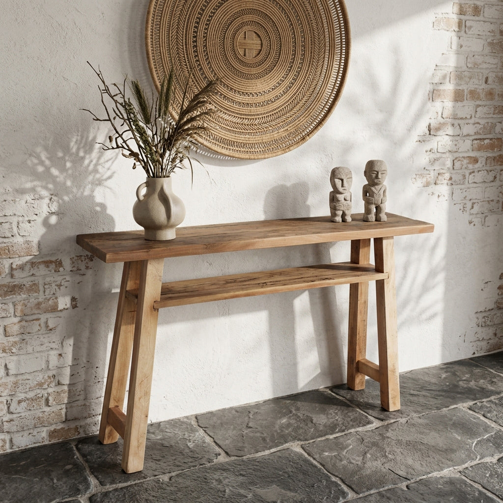 Konsolentisch aus hellem Recyclingholz mit Ablage – 140x30 cm