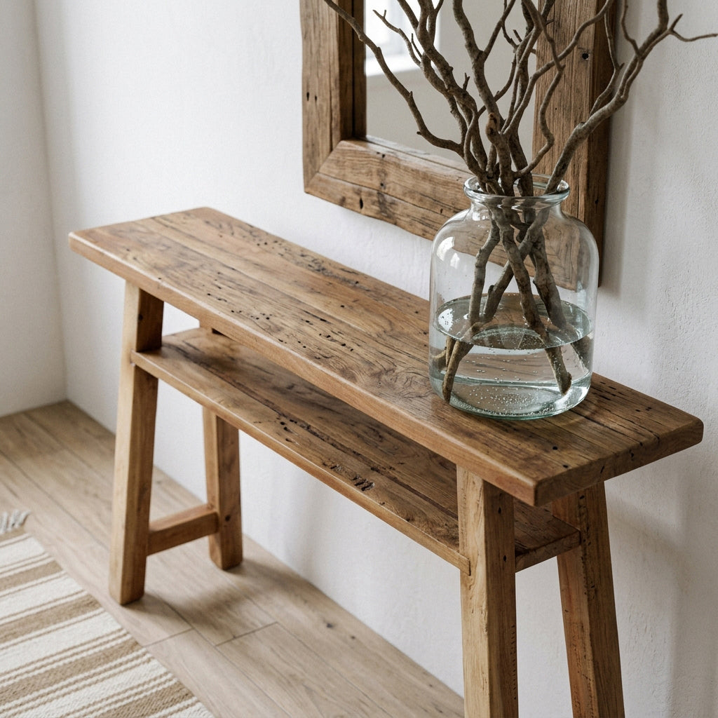 Konsolentisch aus hellem Recyclingholz mit Ablage – 140x30 cm