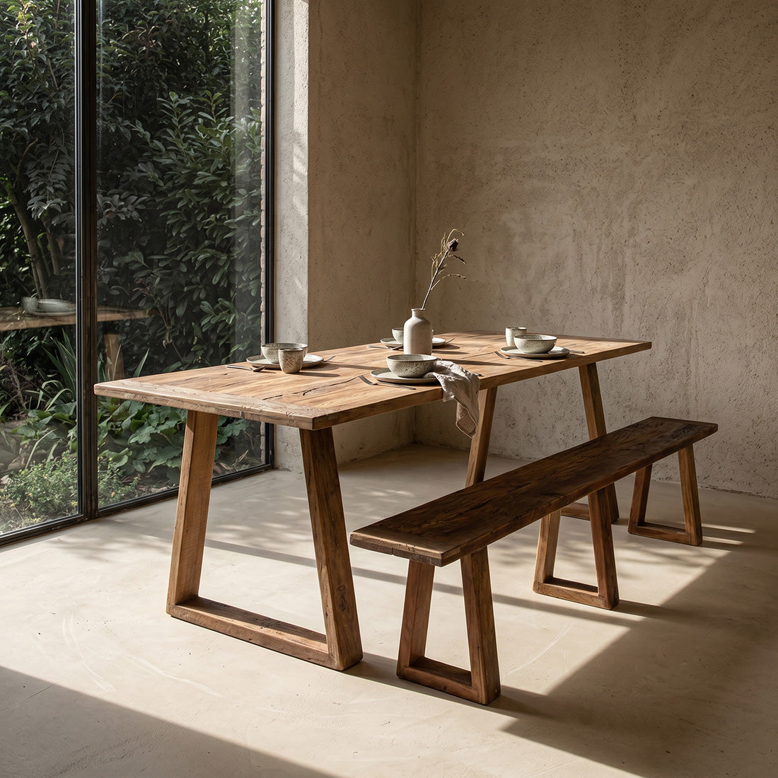 Esstisch aus recyceltem Teakholz mit Trapezbeinen – 240x90 cm
