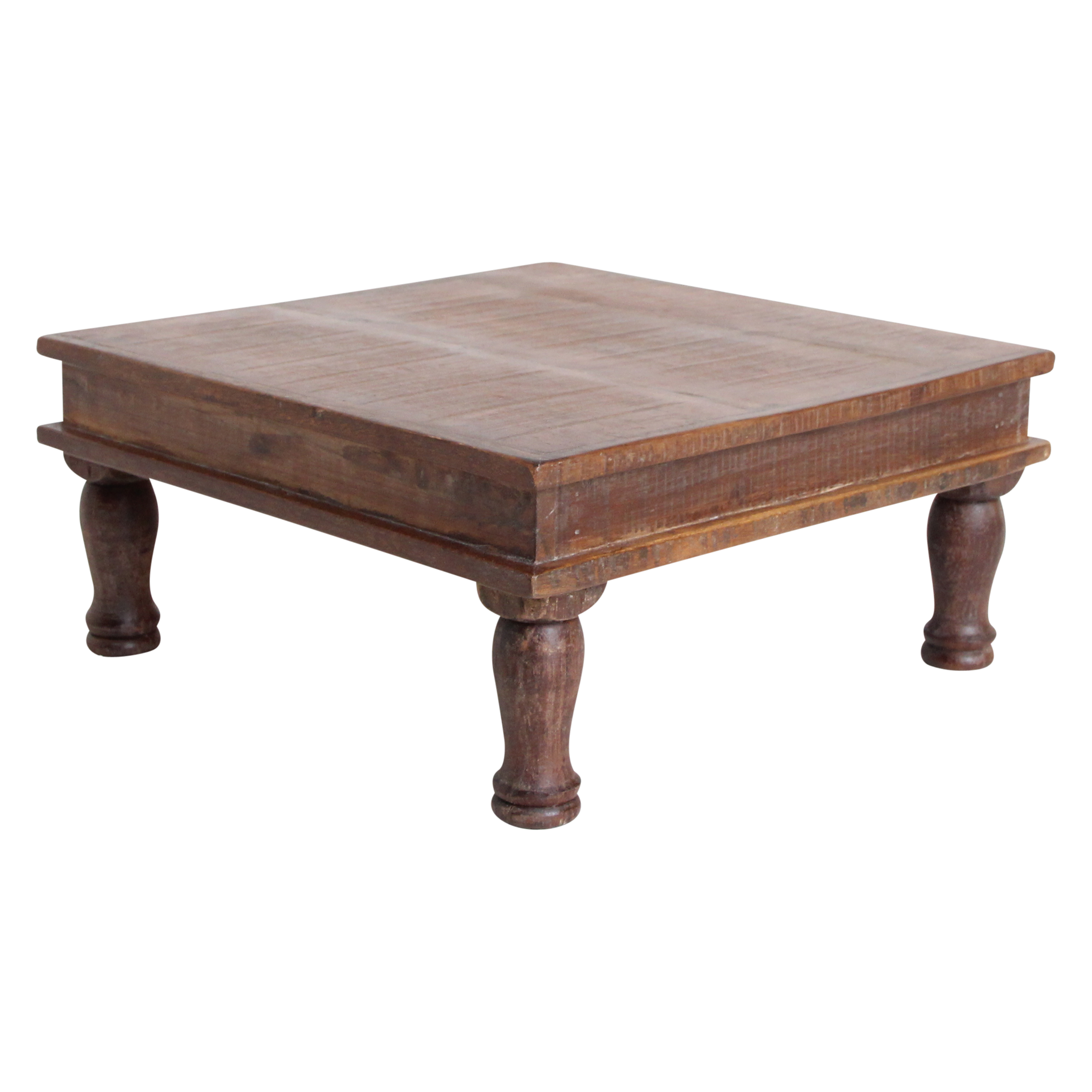 Quadratischer Beistelltisch aus recyceltem Holz in Braun mit gedrechselten Beinen – 33x33 cm