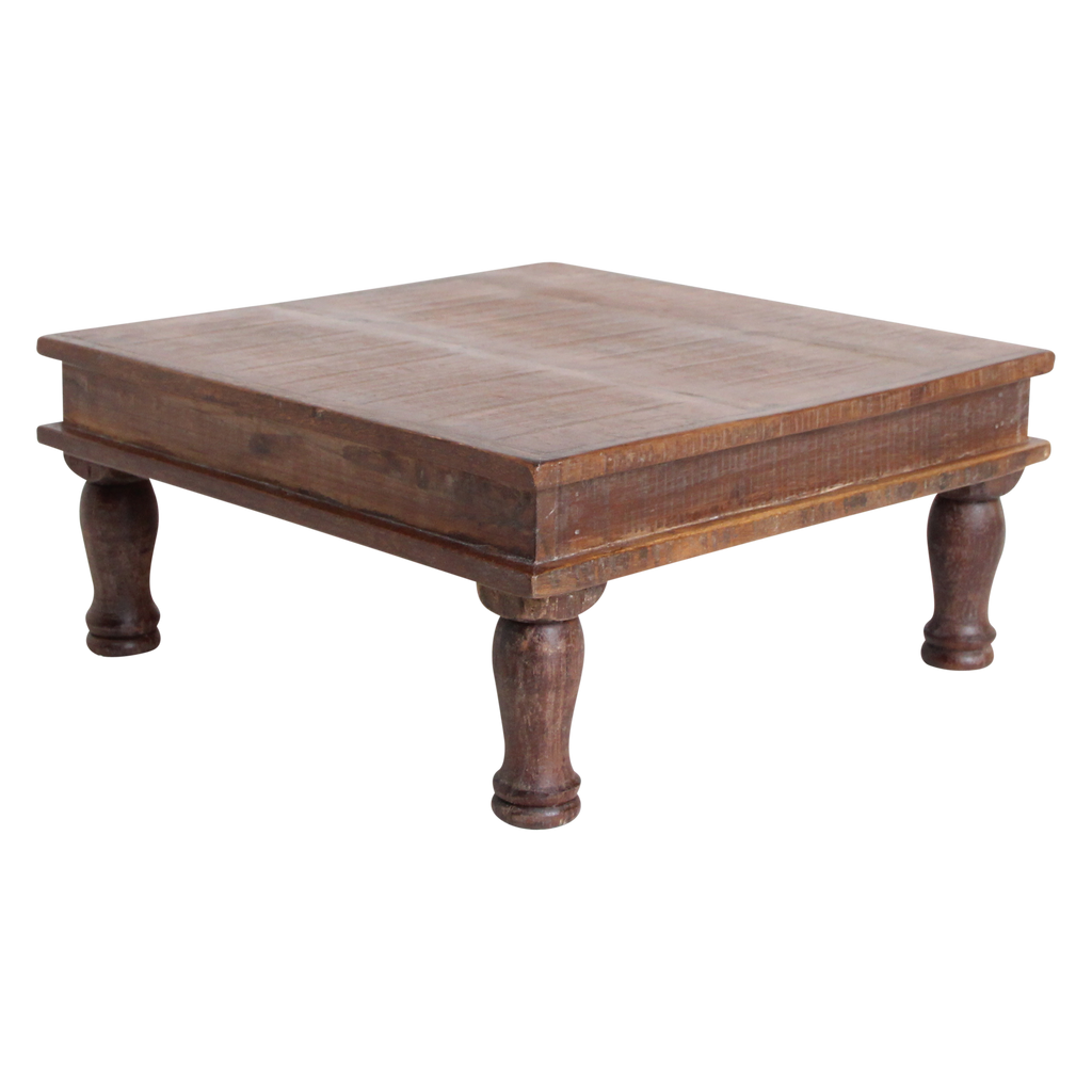 Quadratischer Beistelltisch aus recyceltem Holz in Braun mit gedrechselten Beinen – 33x33 cm