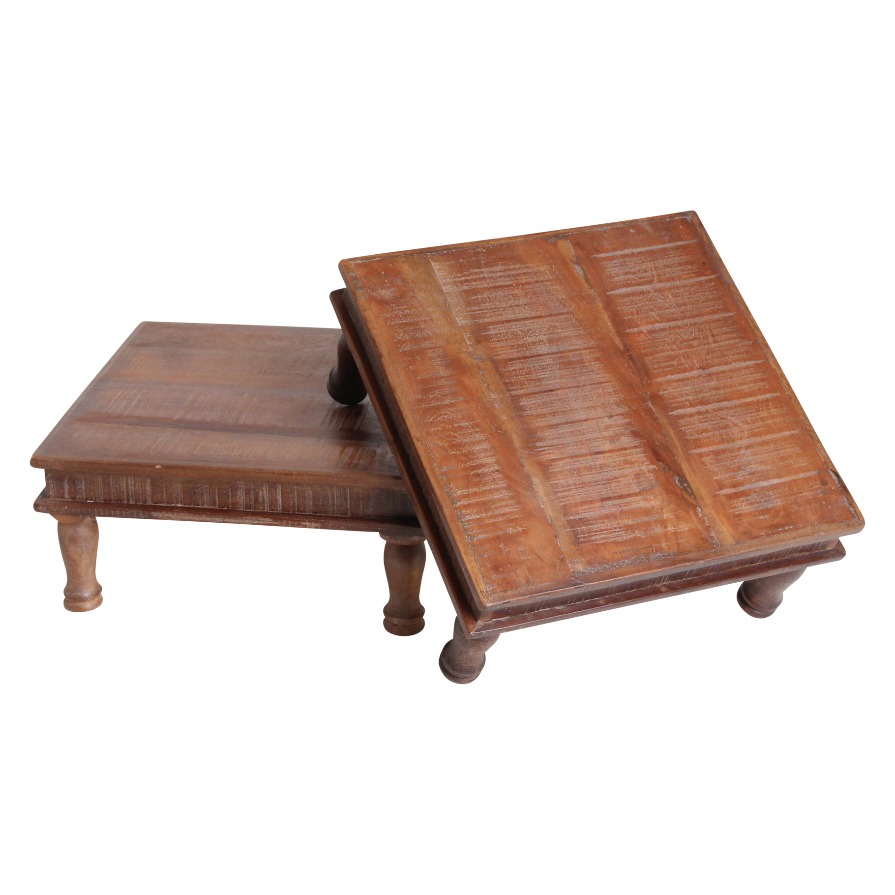 Quadratischer Beistelltisch aus recyceltem Holz in Braun mit gedrechselten Beinen – 33x33 cm