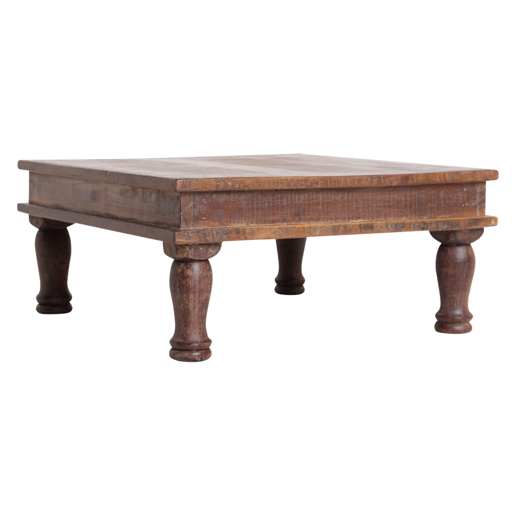 Quadratischer Beistelltisch aus recyceltem Holz in Braun mit gedrechselten Beinen – 33x33 cm