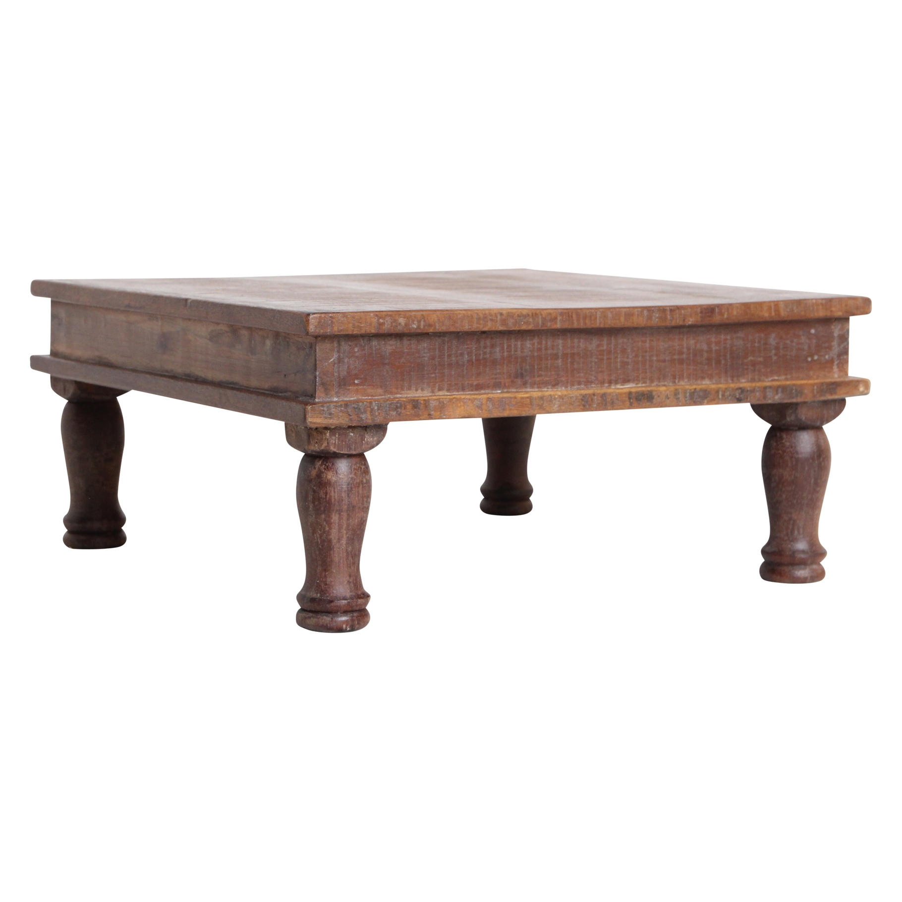 Quadratischer Beistelltisch aus recyceltem Holz in Braun mit gedrechselten Beinen – 33x33 cm