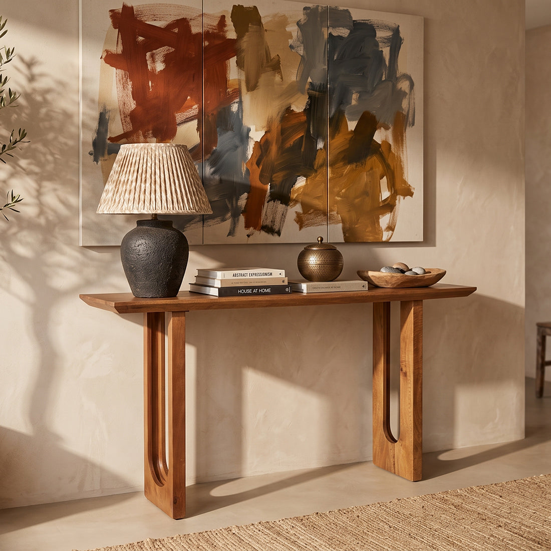 Konsolentisch aus Mangoholz in Braun mit durchbrochenen Beinen – 140x40 cm