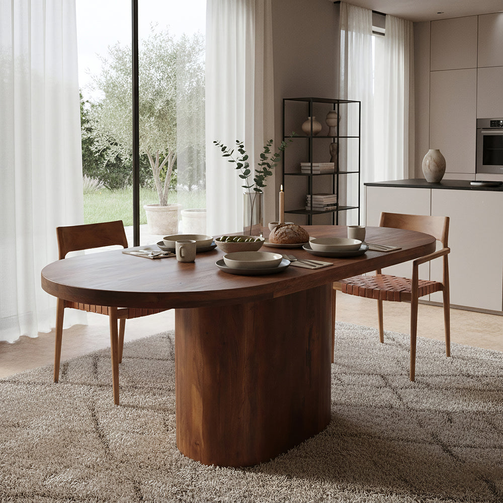 Ovaler Esstisch aus Mangoholz in Braun mit Mittelfuß – 240x110 cm