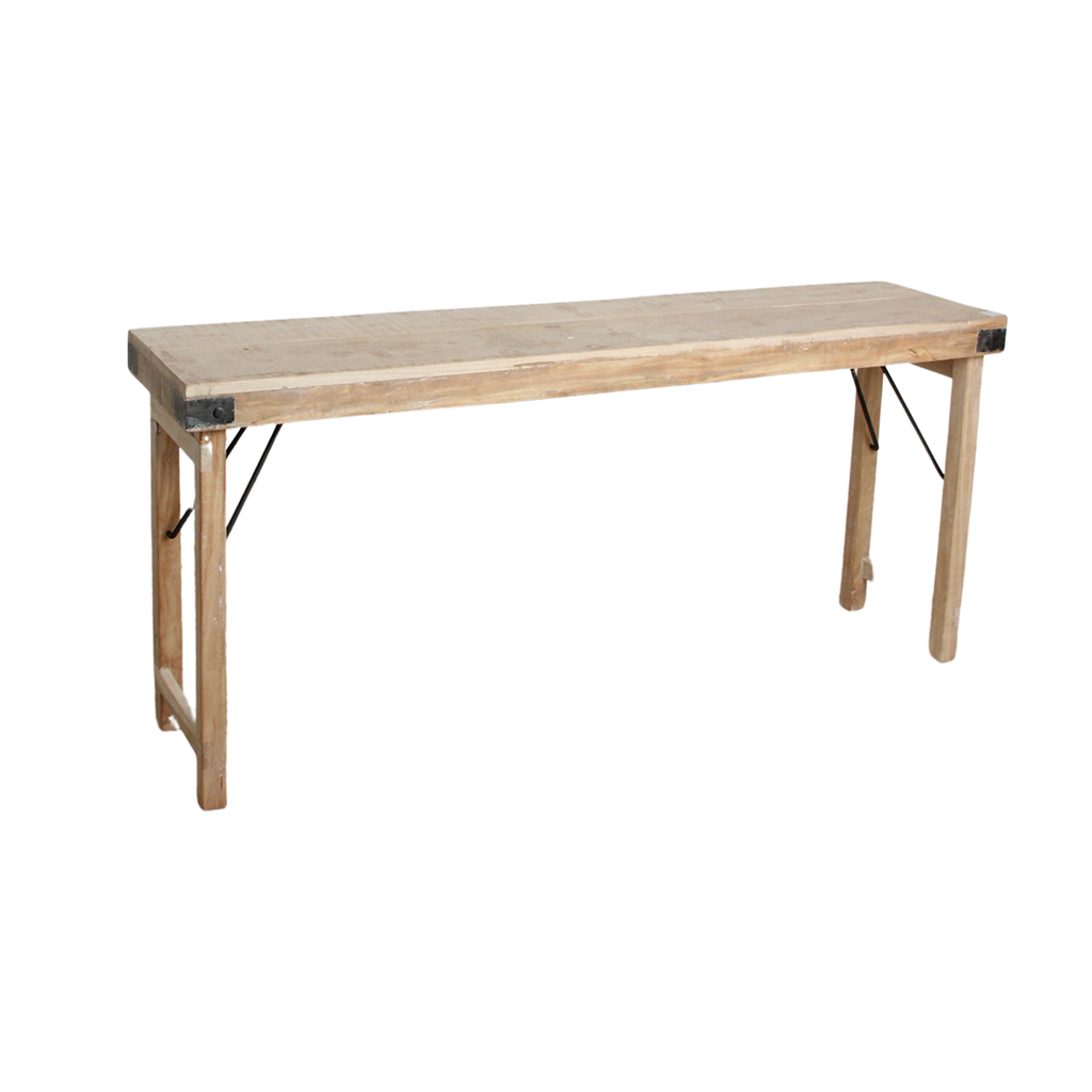 Klappbare Konsole aus hellem recyceltem Holz mit schwarzen Beschlägen – 170x40 cm