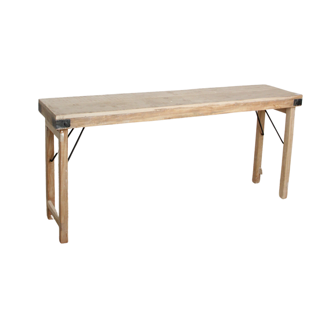 Klappbare Konsole aus hellem recyceltem Holz mit schwarzen Beschlägen – 170x40 cm