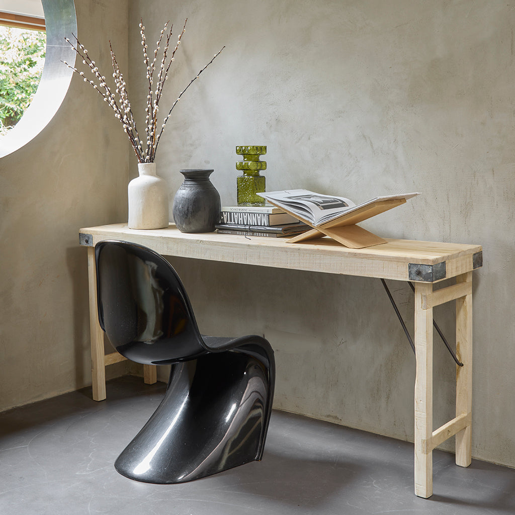 Klappbare Konsole aus hellem recyceltem Holz mit schwarzen Beschlägen – 170x40 cm