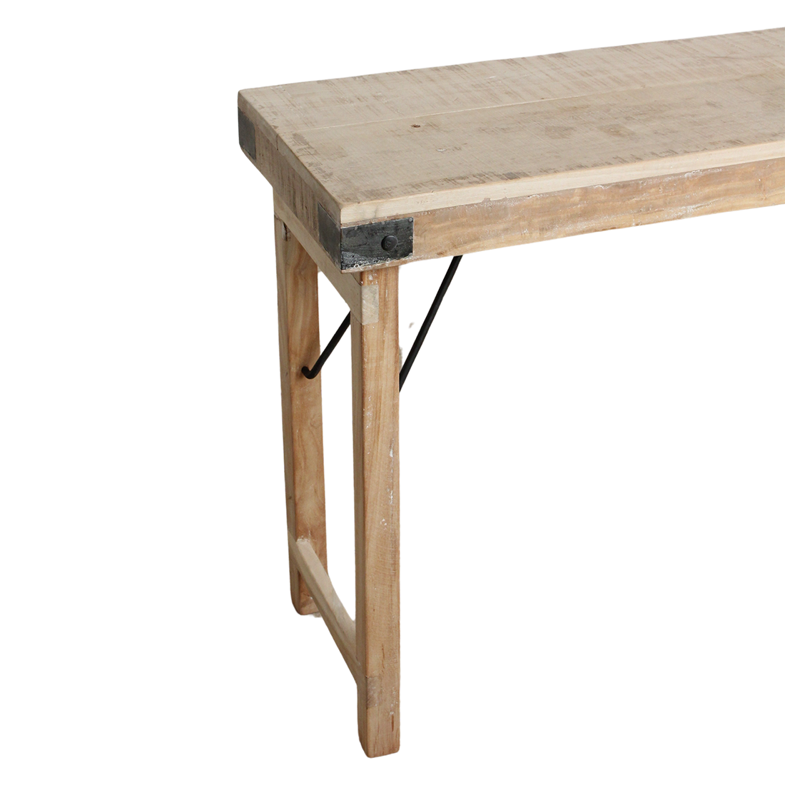 Klappbare Konsole aus hellem recyceltem Holz mit schwarzen Beschlägen – 170x40 cm