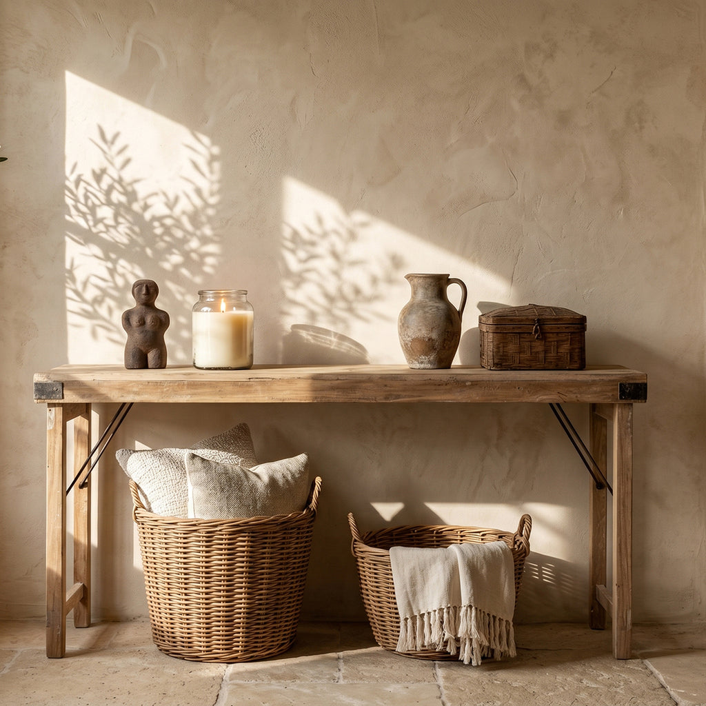 Klappbare Konsole aus hellem recyceltem Holz mit schwarzen Beschlägen – 170x40 cm