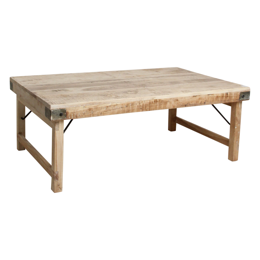 Rechteckiger Couchtisch aus hellem Massivholz mit Metallverstärkungen – 120x75 cm
