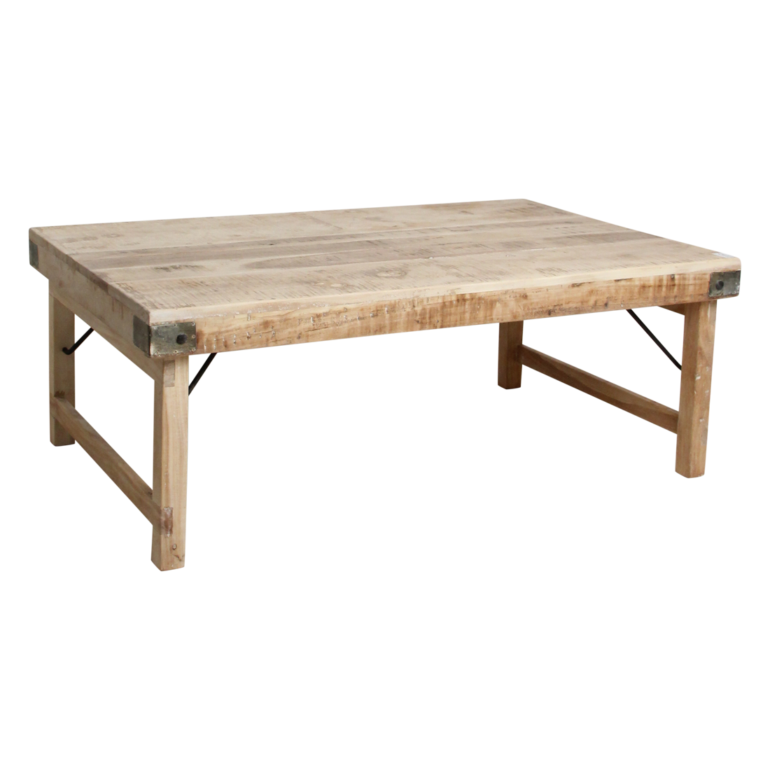 Rechteckiger Couchtisch aus hellem Massivholz mit Metallverstärkungen – 120x75 cm