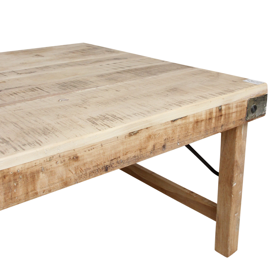 Rechteckiger Couchtisch aus hellem Massivholz mit Metallverstärkungen – 120x75 cm