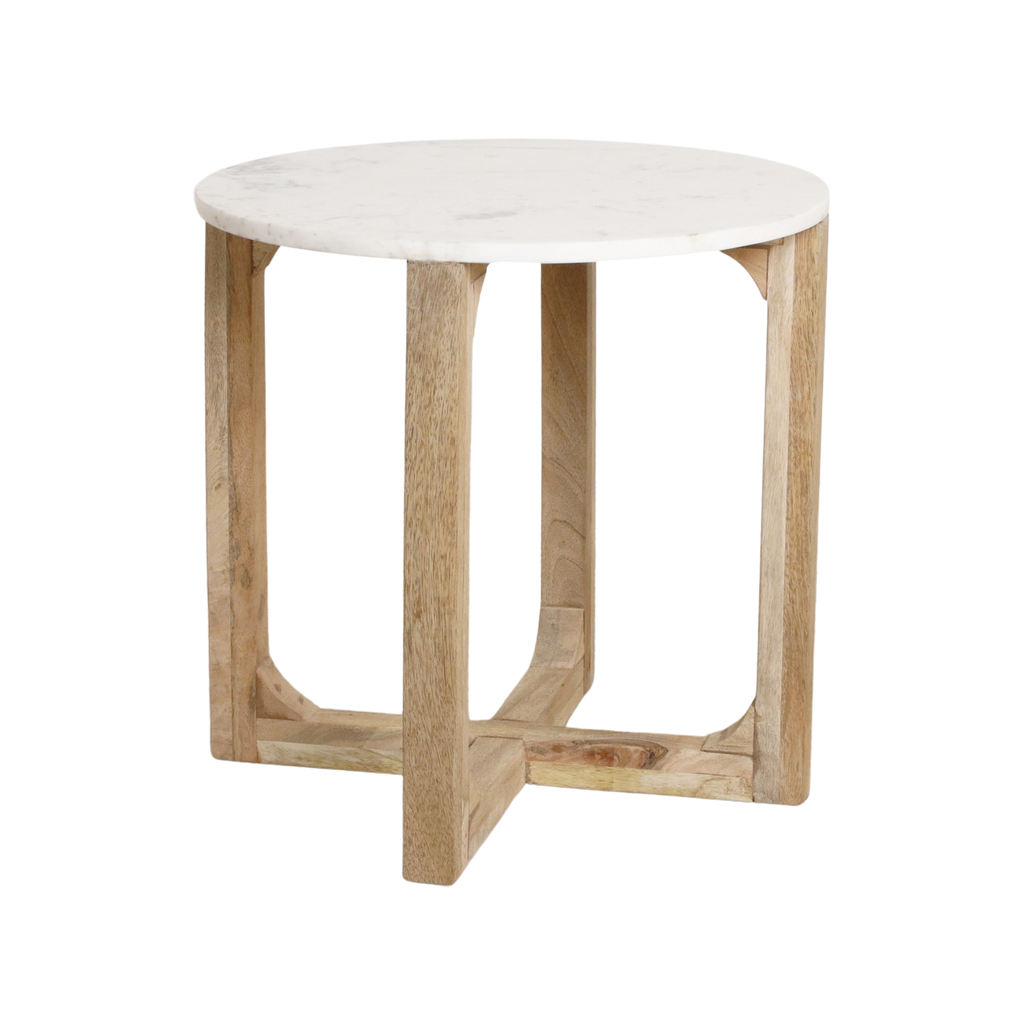 Runder Beistelltisch aus weißem Marmor und hellem Holz – Ø50 cm