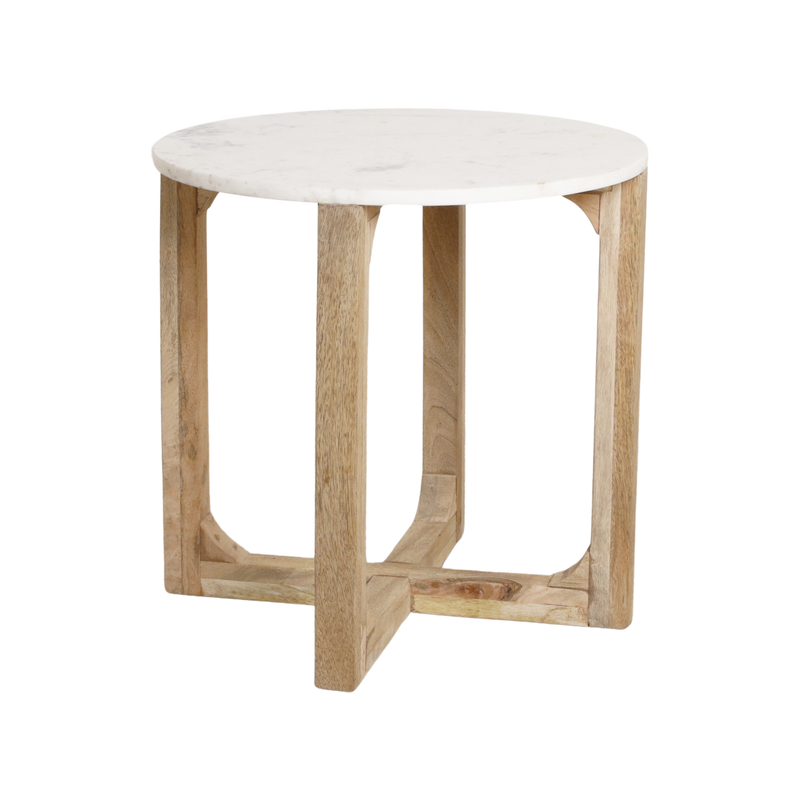 Runder Beistelltisch aus weißem Marmor und hellem Holz – Ø50 cm