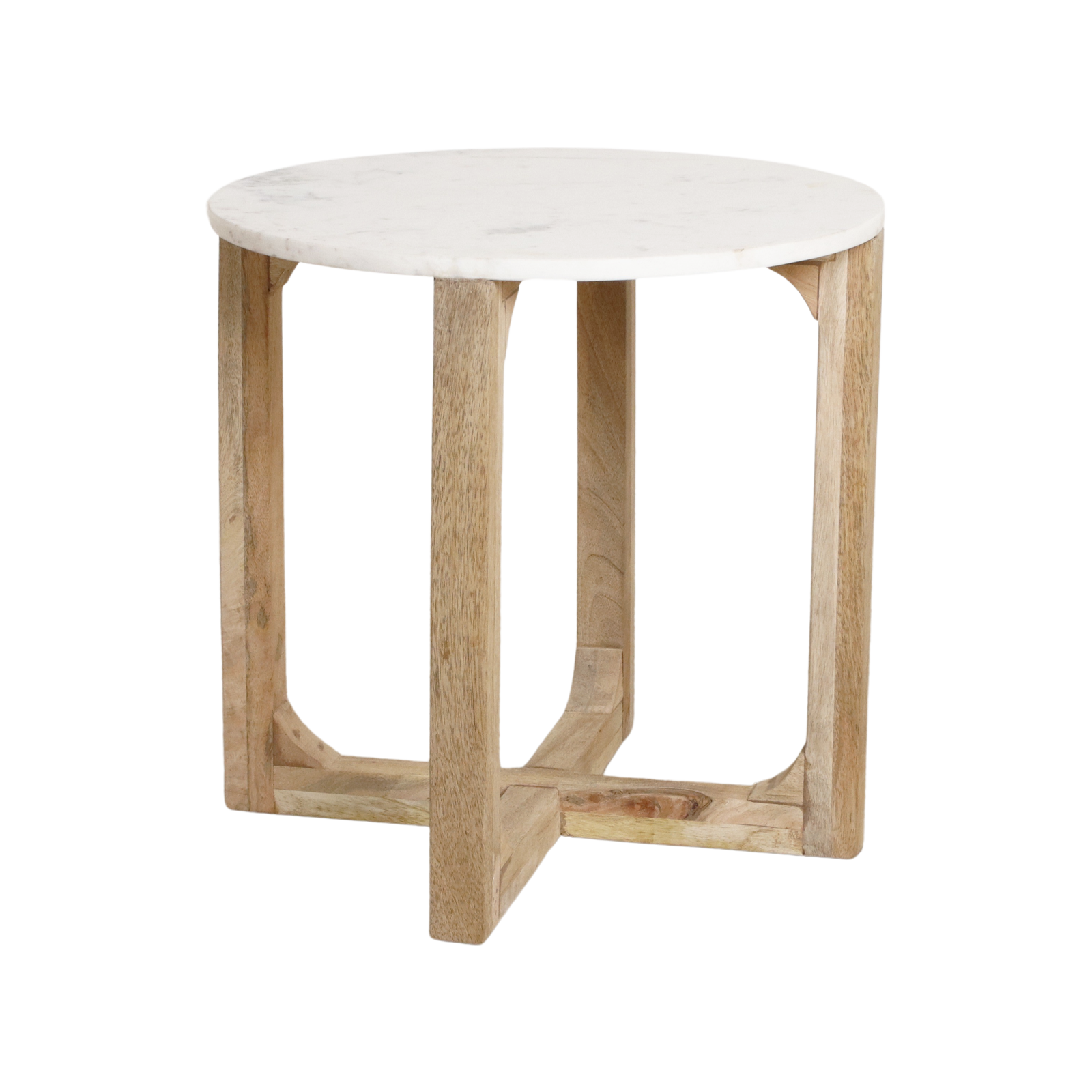 Runder Beistelltisch aus weißem Marmor und hellem Holz – Ø50 cm