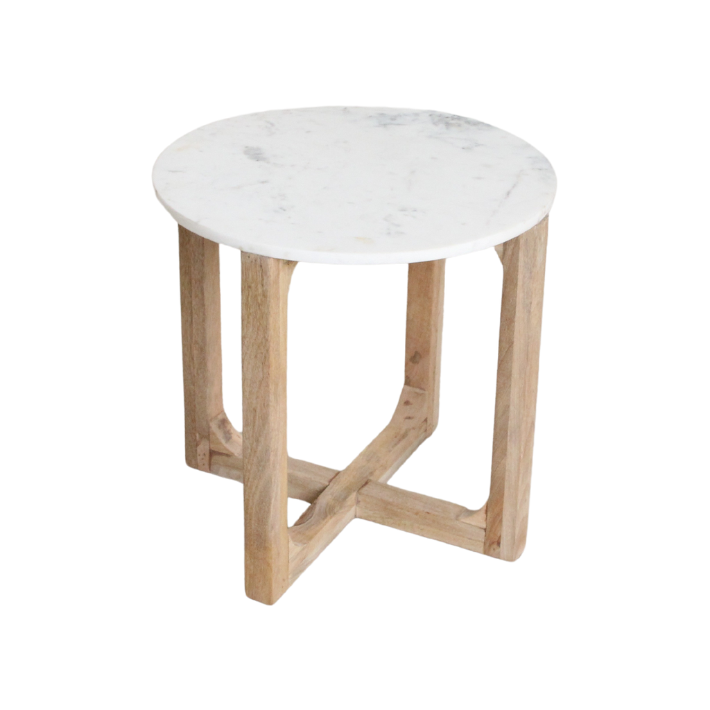 Runder Beistelltisch aus weißem Marmor und hellem Holz – Ø50 cm