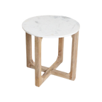 Runder Beistelltisch aus weißem Marmor und hellem Holz – Ø50 cm