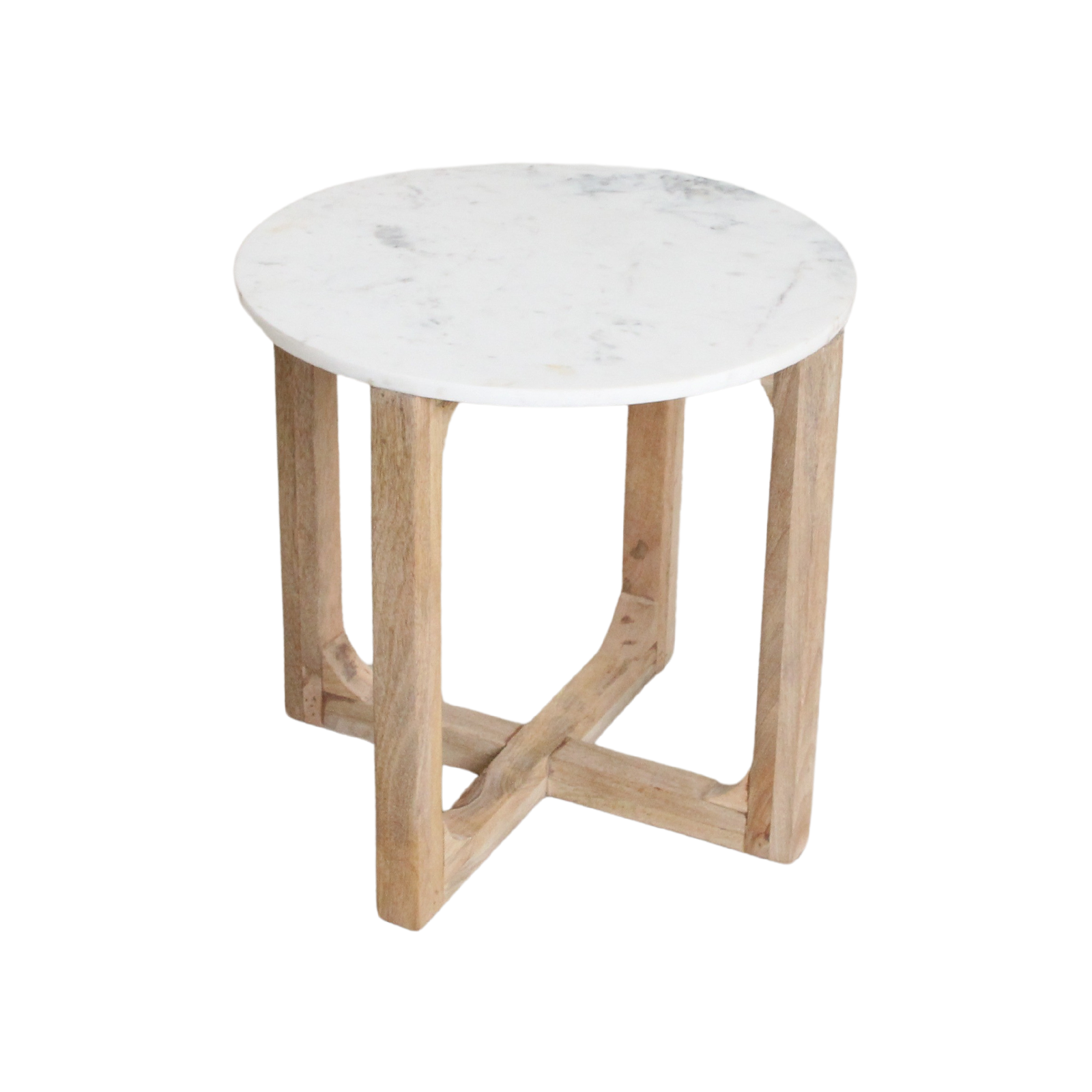 Runder Beistelltisch aus weißem Marmor und hellem Holz – Ø50 cm