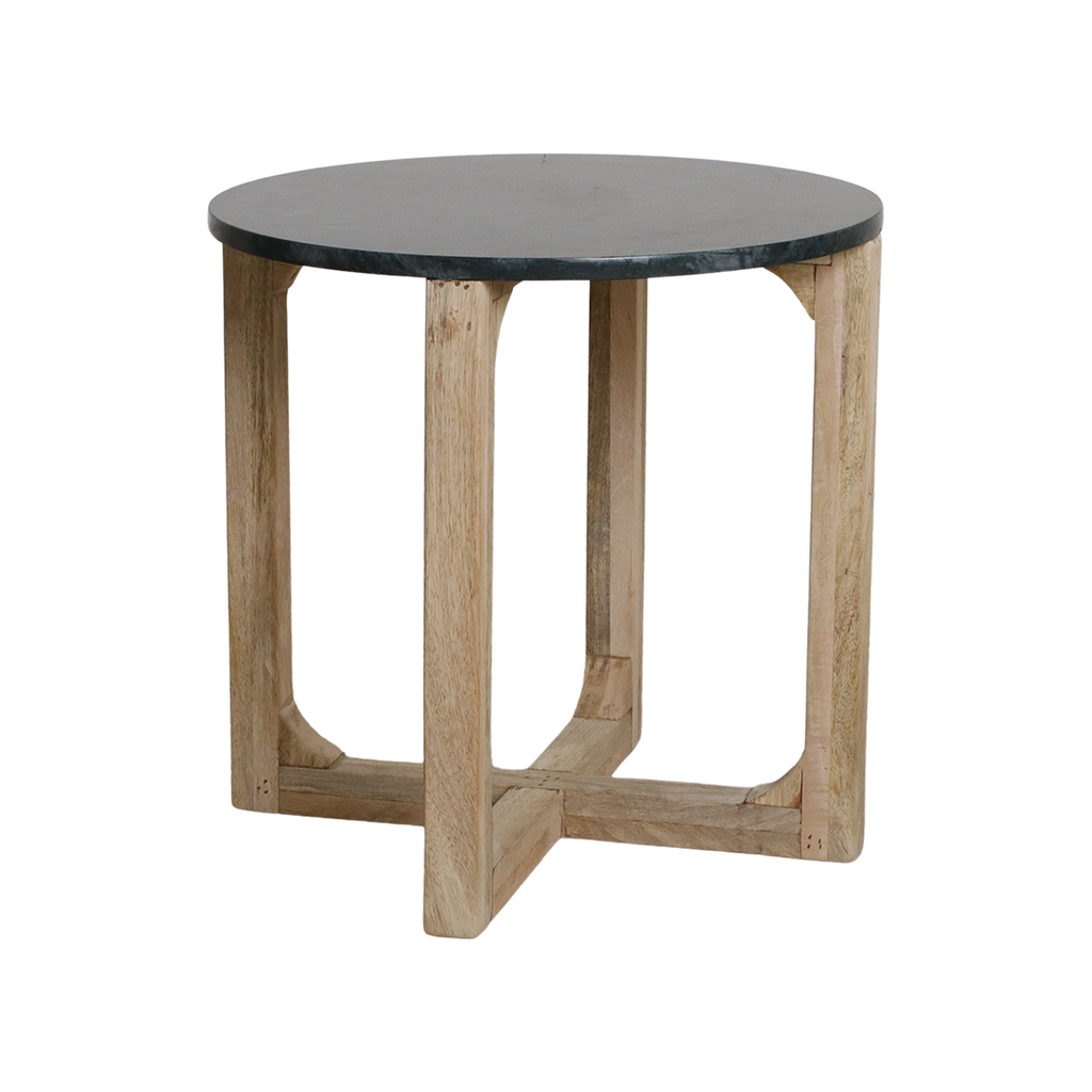 Runder Beistelltisch aus grünem Marmor und hellem Holz – Ø50 cm