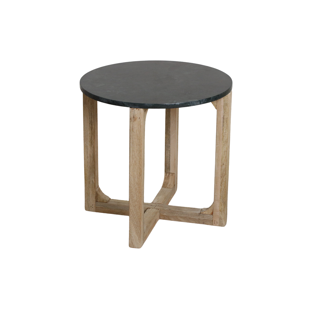 Runder Beistelltisch aus grünem Marmor und hellem Holz – Ø50 cm