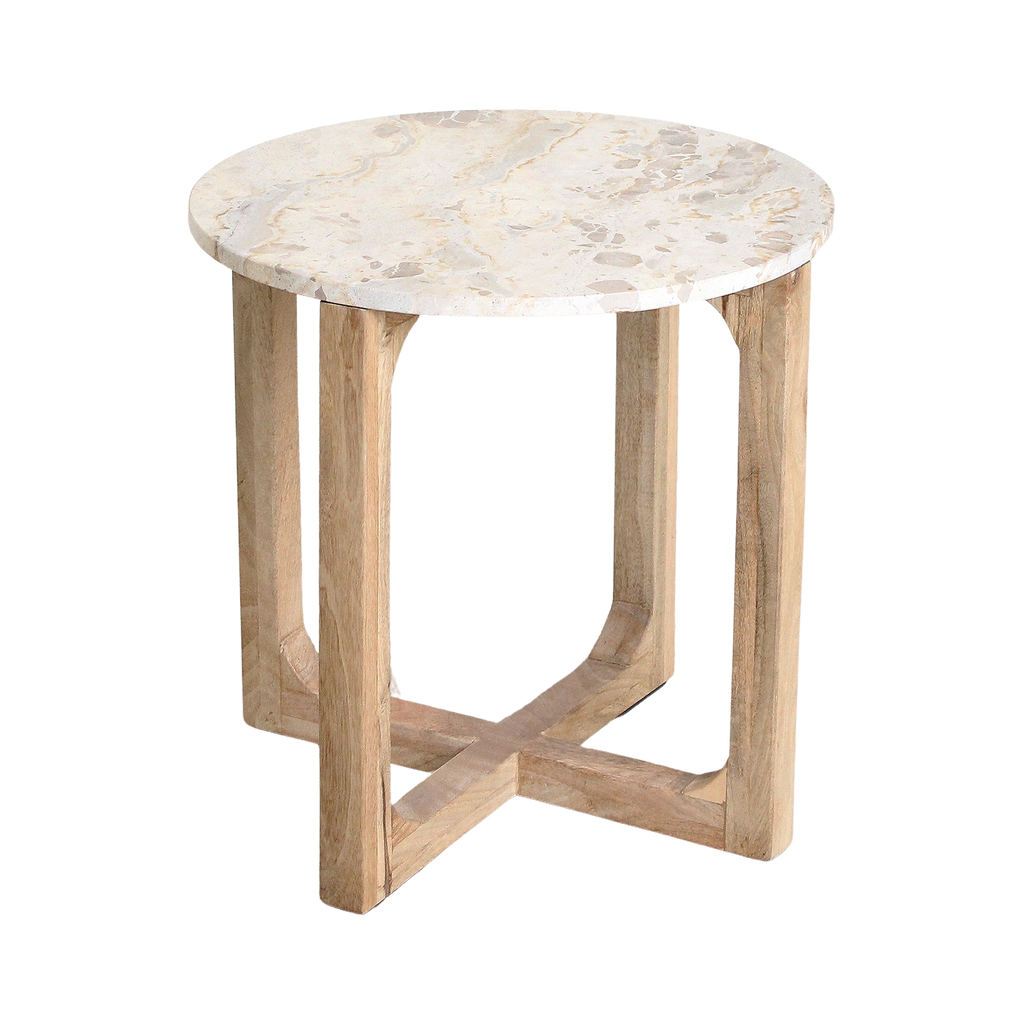 Runder Beistelltisch aus cremefarbenem Marmor und Mangoholz fürs Wohnzimmer – Ø50 cm