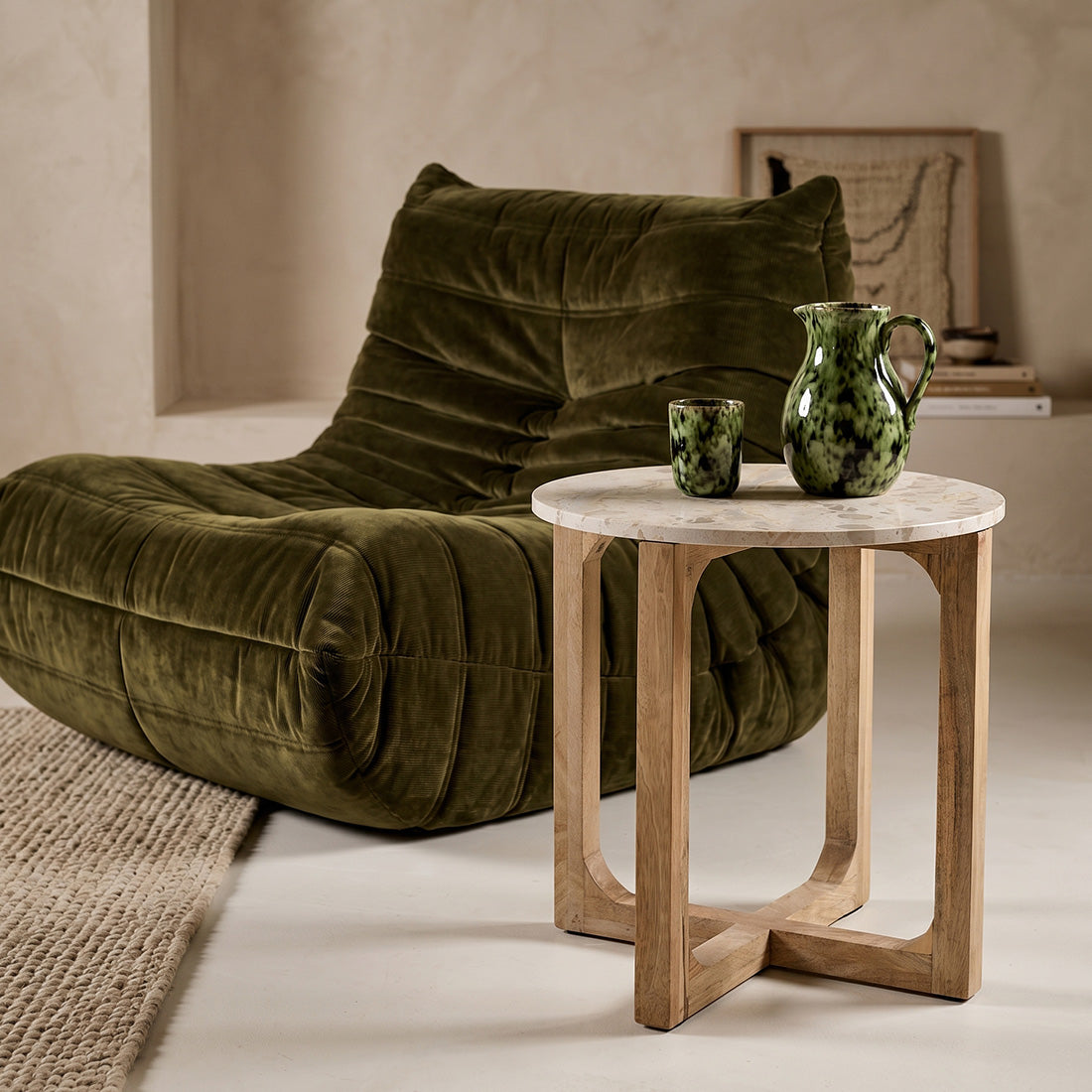 Table d'appoint ronde marbre crème et bois naturel pour salon – Ø50 cm