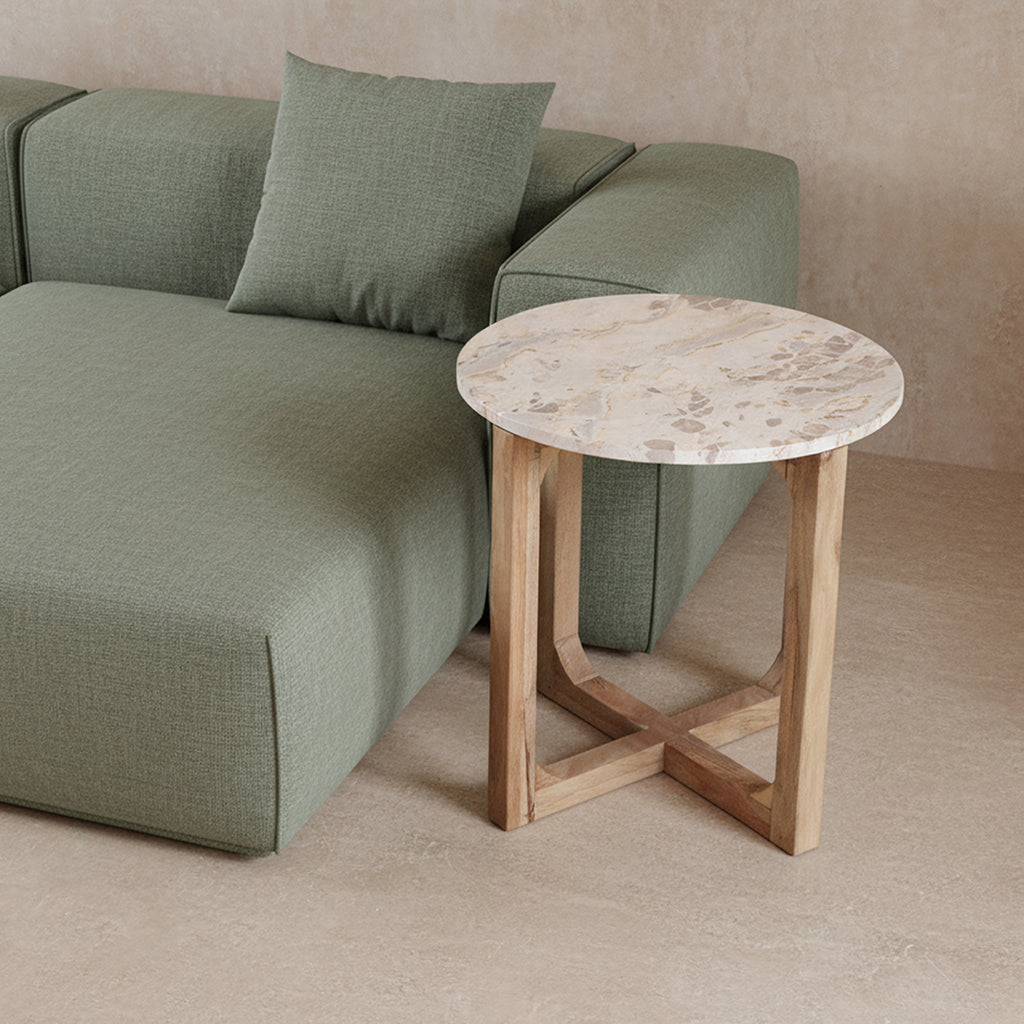 Runder Beistelltisch aus cremefarbenem Marmor und Mangoholz fürs Wohnzimmer – Ø50 cm