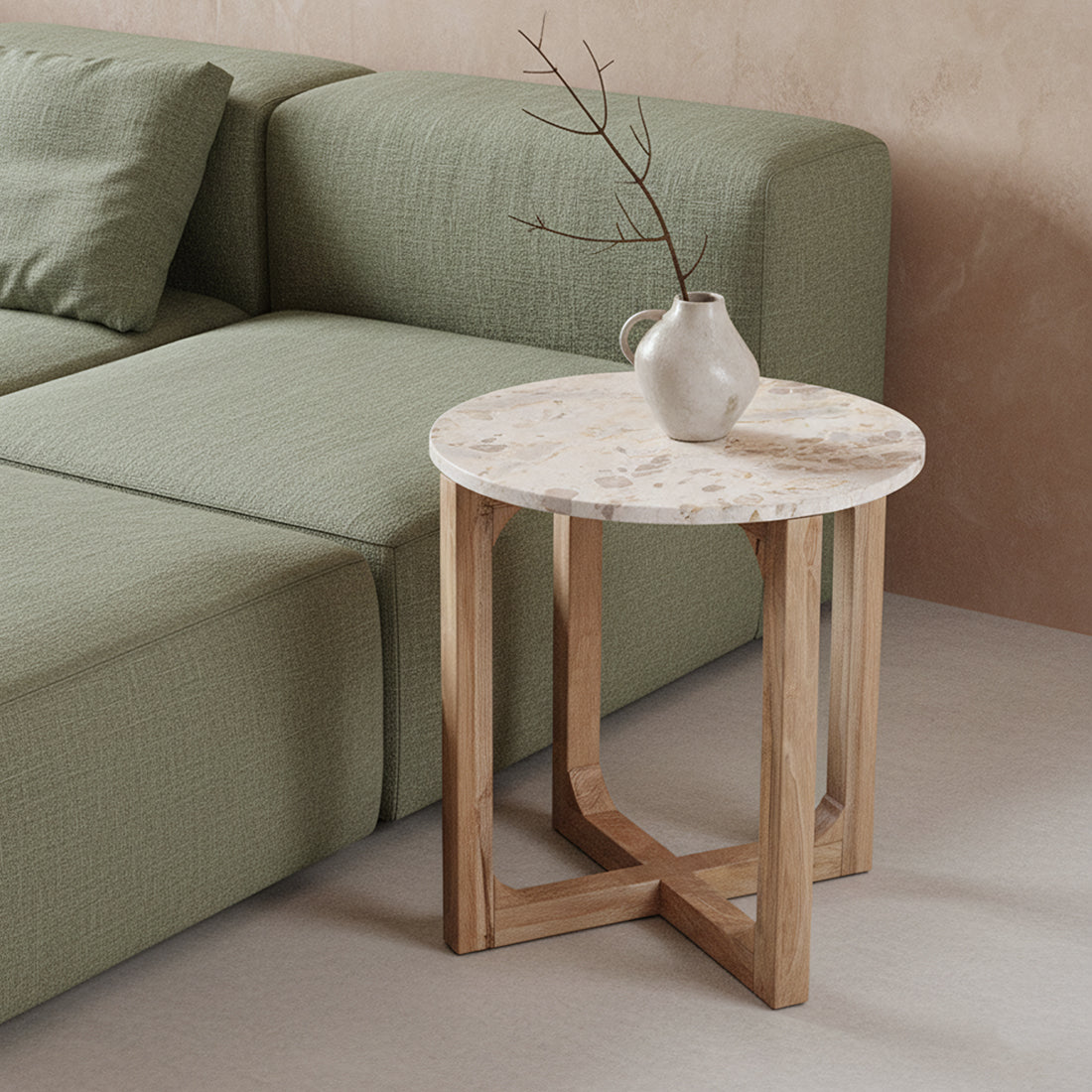Runder Beistelltisch aus cremefarbenem Marmor und Mangoholz fürs Wohnzimmer – Ø50 cm