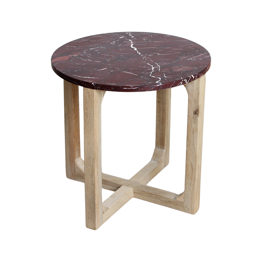 Beistelltisch aus rotem Marmor mit Mangoholz-Gestell – Ø50 cm