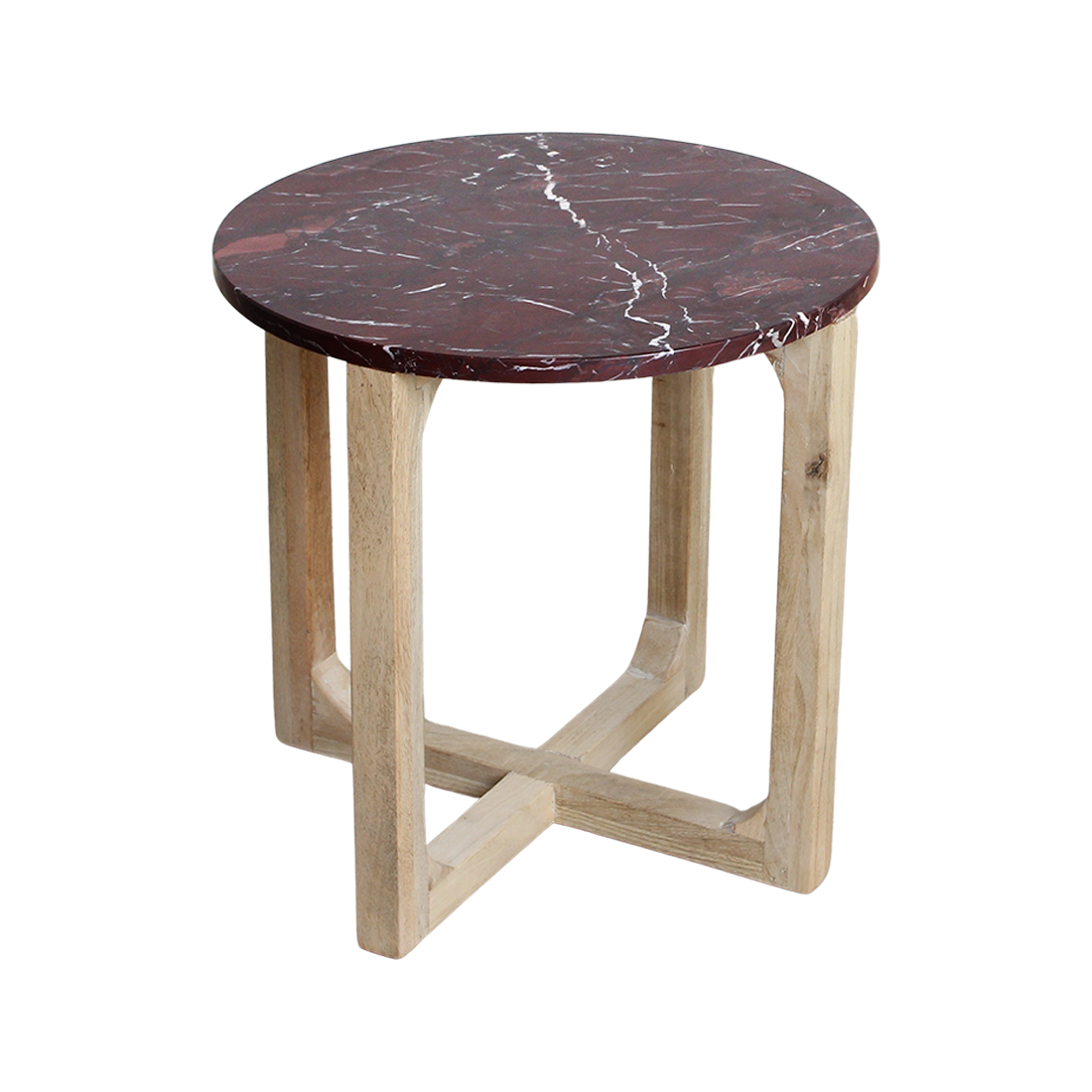 Beistelltisch aus rotem Marmor mit Mangoholz-Gestell – Ø50 cm