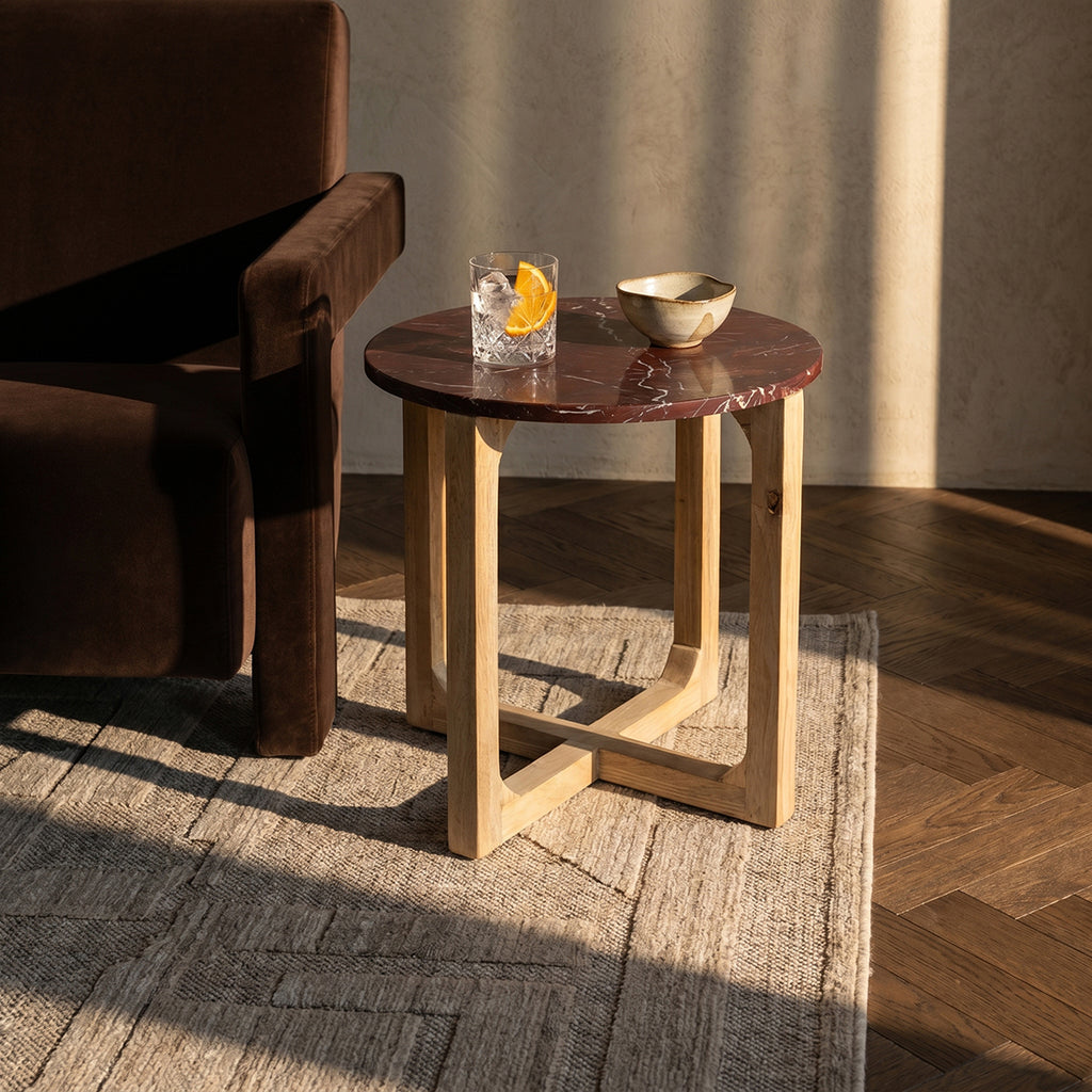 Beistelltisch aus rotem Marmor mit Mangoholz-Gestell – Ø50 cm