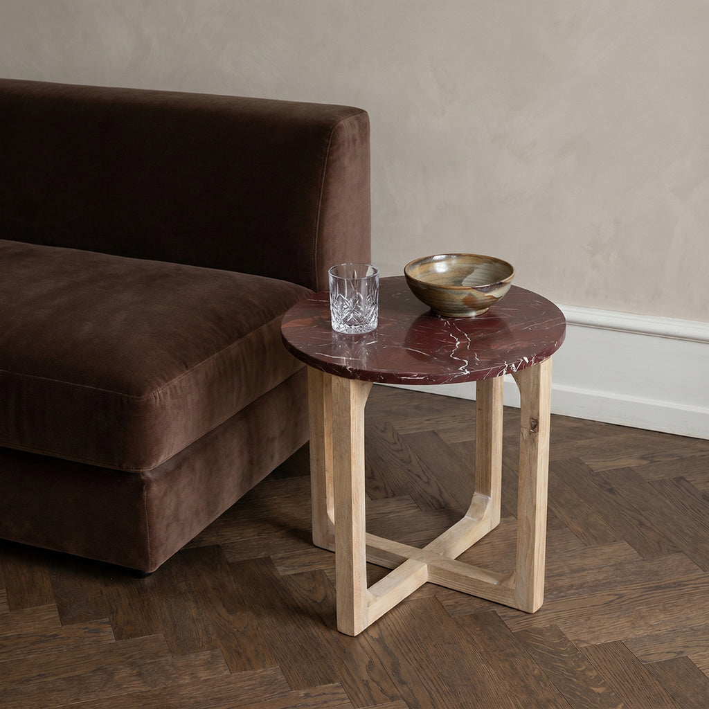 Beistelltisch aus rotem Marmor mit Mangoholz-Gestell – Ø50 cm