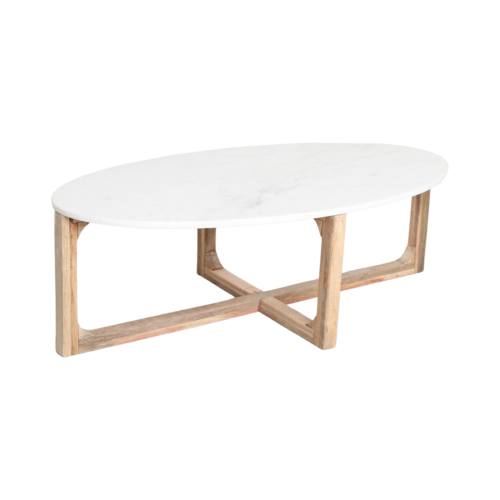 Ovaler Couchtisch aus weißem Marmor und Mangoholz – 120x60 cm
