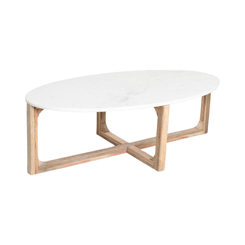 Ovaler Couchtisch aus weißem Marmor und Mangoholz – 120x60 cm