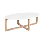 Ovaler Couchtisch aus weißem Marmor und Mangoholz – 120x60 cm