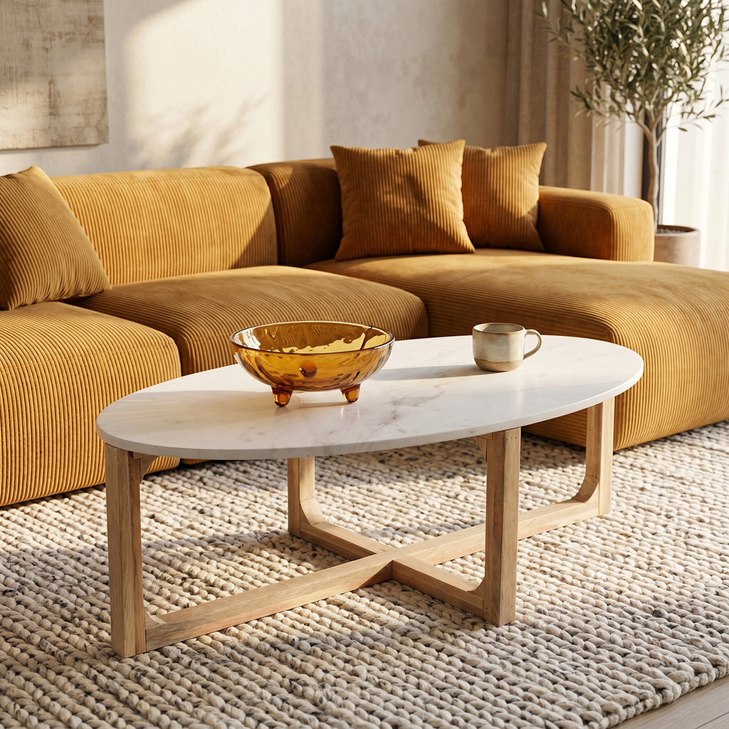 Ovaler Couchtisch aus weißem Marmor und Mangoholz – 120x60 cm