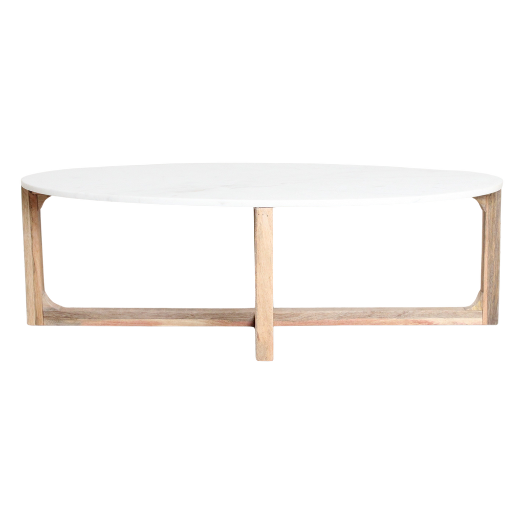 Ovaler Couchtisch aus weißem Marmor und Mangoholz – 120x60 cm