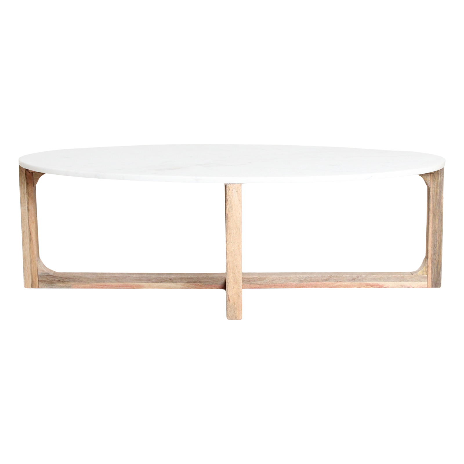 Ovaler Couchtisch aus weißem Marmor und Mangoholz – 120x60 cm