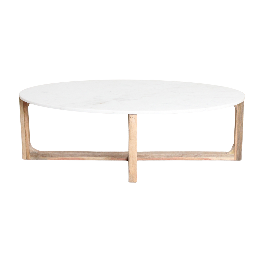 Ovaler Couchtisch aus weißem Marmor und Mangoholz – 120x60 cm