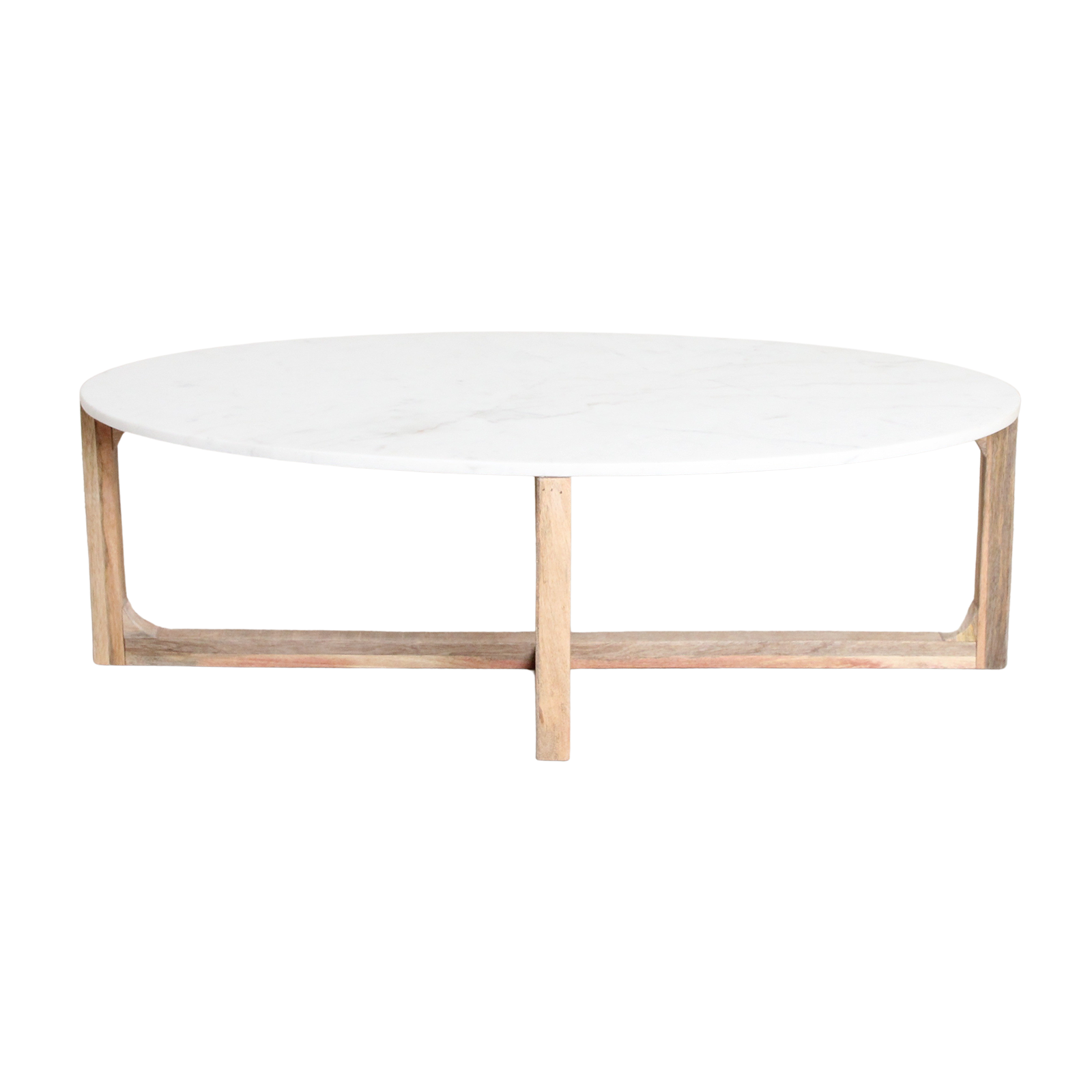 Ovaler Couchtisch aus weißem Marmor und Mangoholz – 120x60 cm